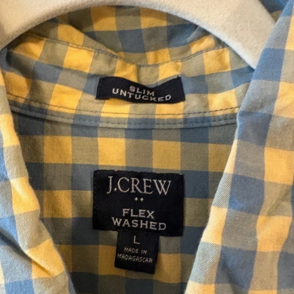 J CREW Men's Slim Fit Button Front  Yellow / Blue Plaid Check Shirt Size Large